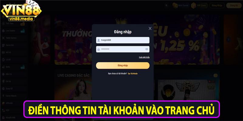 Điền thông tin tài khoản vào trang chủ