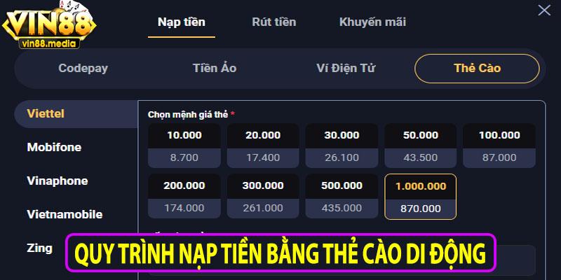 Quy trình nạp tiền vào thẻ cào di động